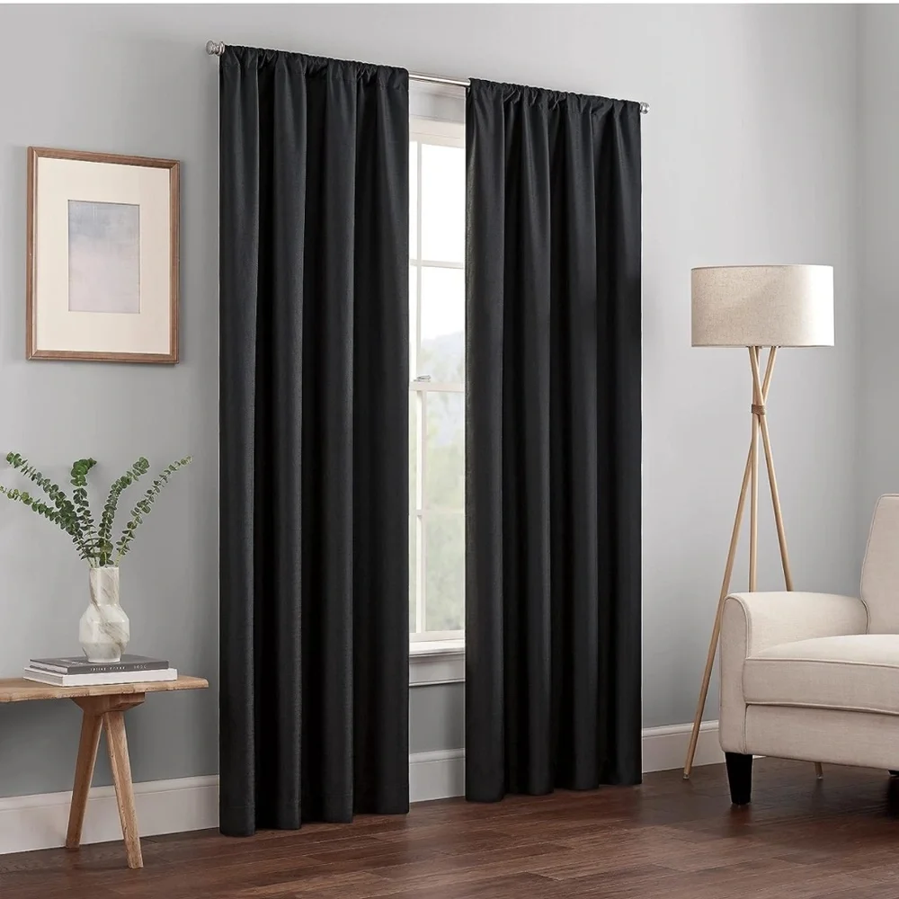 RE Room Essentials 2 Black Thick Room Darkening Blackout Curtains Drapes 84”